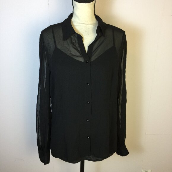 New! East 5th Shirt Blouse Sz L Womans Black Sheer Chiffon Long Sleeve Button Up - Picture 1 of 12
